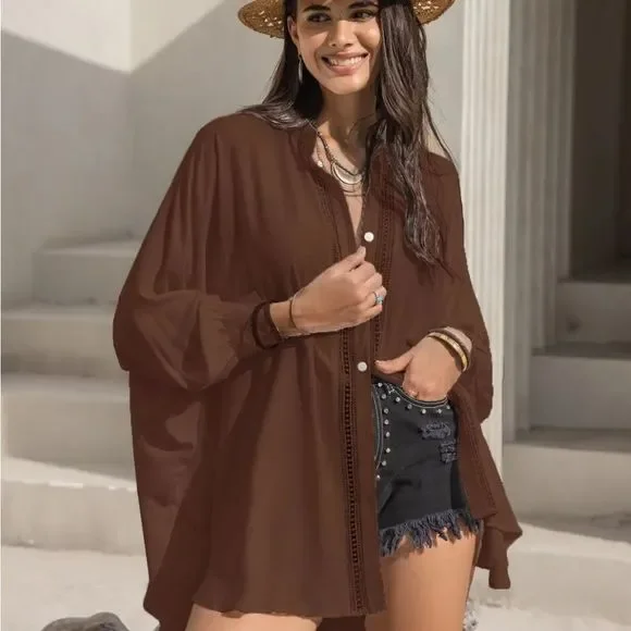 Mocha Lace Affair Button Shirt - Picture 6 of 8